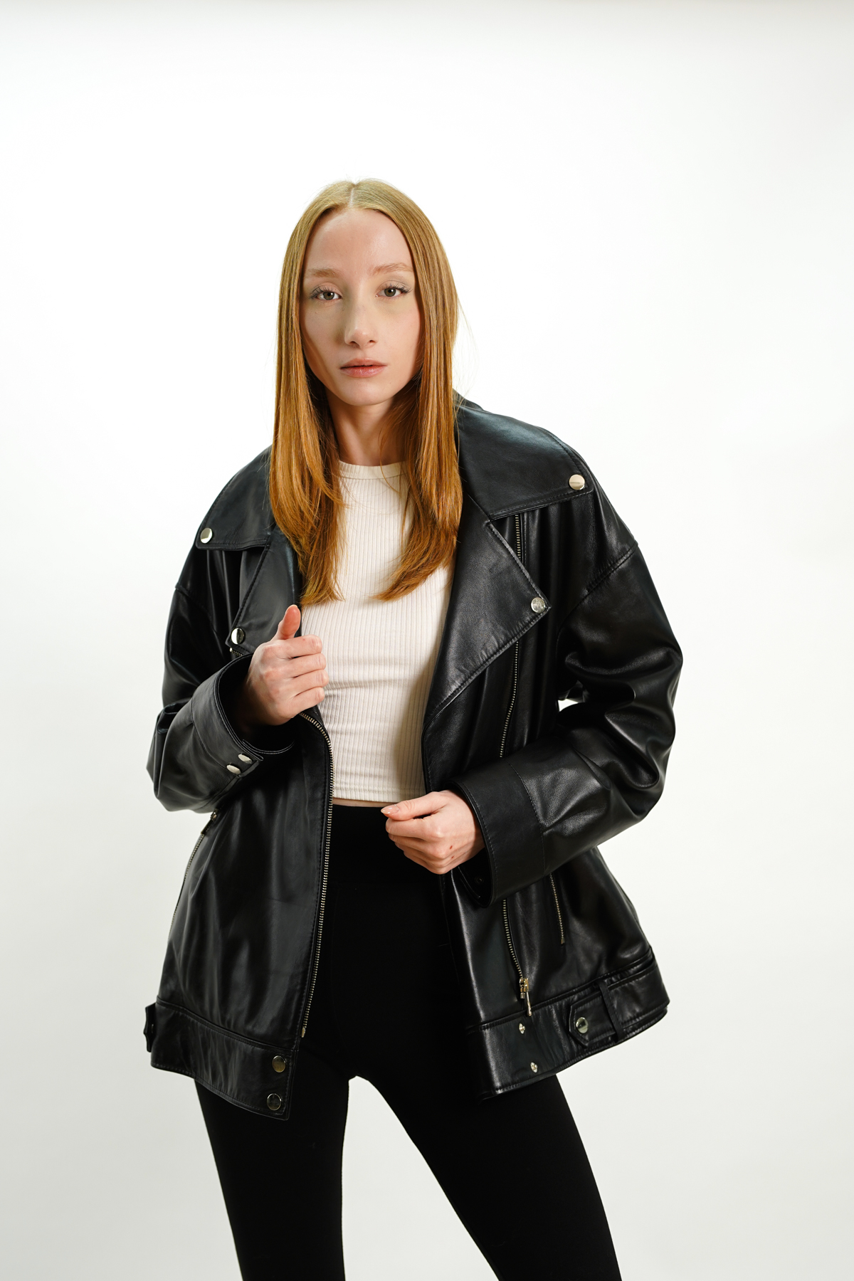 3971siyah Oversize Deri Ceket - Görsel 8